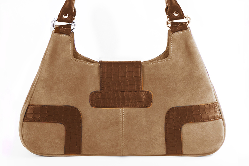 Tan beige and caramel brown women's dress handbag, matching pumps and belts. Rear view - Florence KOOIJMAN